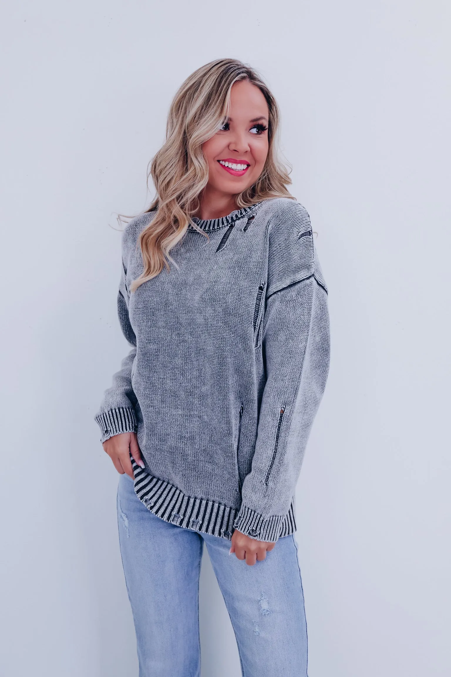 Edgy Vibes Distressed Sweater - Charcoal