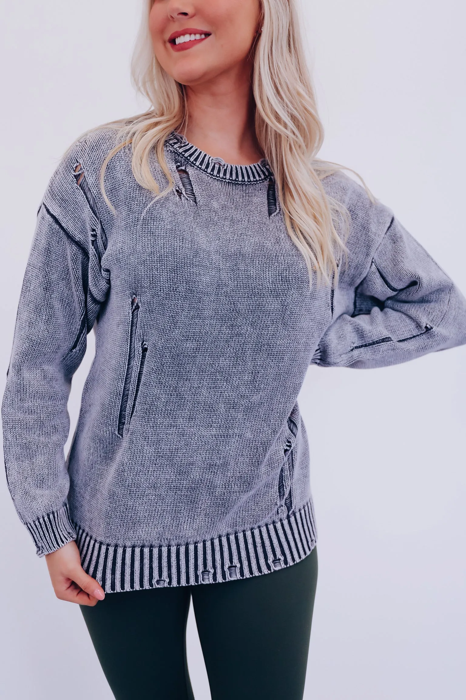 Edgy Vibes Distressed Sweater - Charcoal