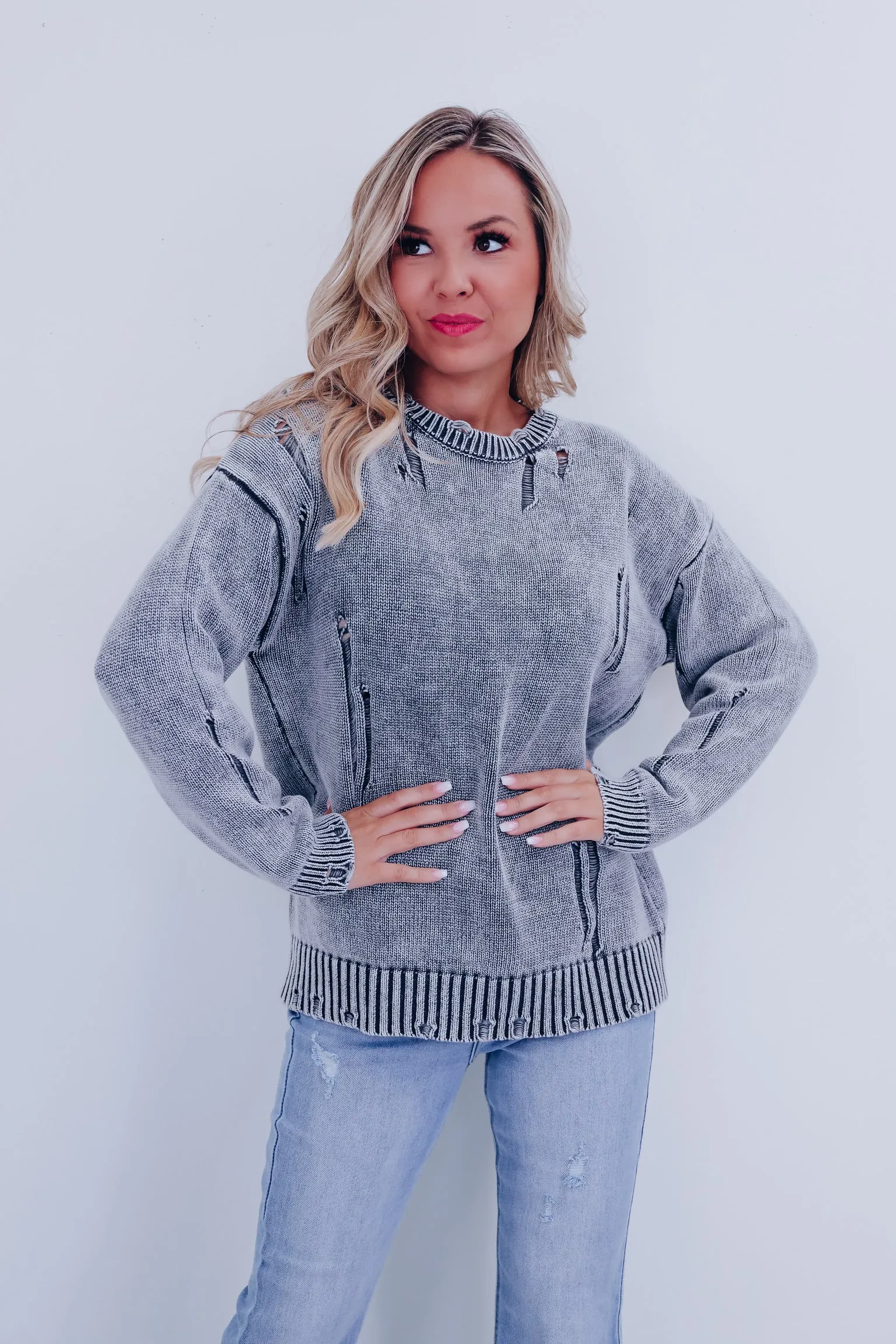 Edgy Vibes Distressed Sweater - Charcoal