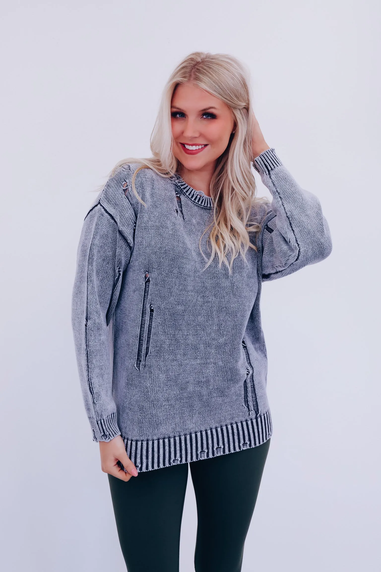 Edgy Vibes Distressed Sweater - Charcoal