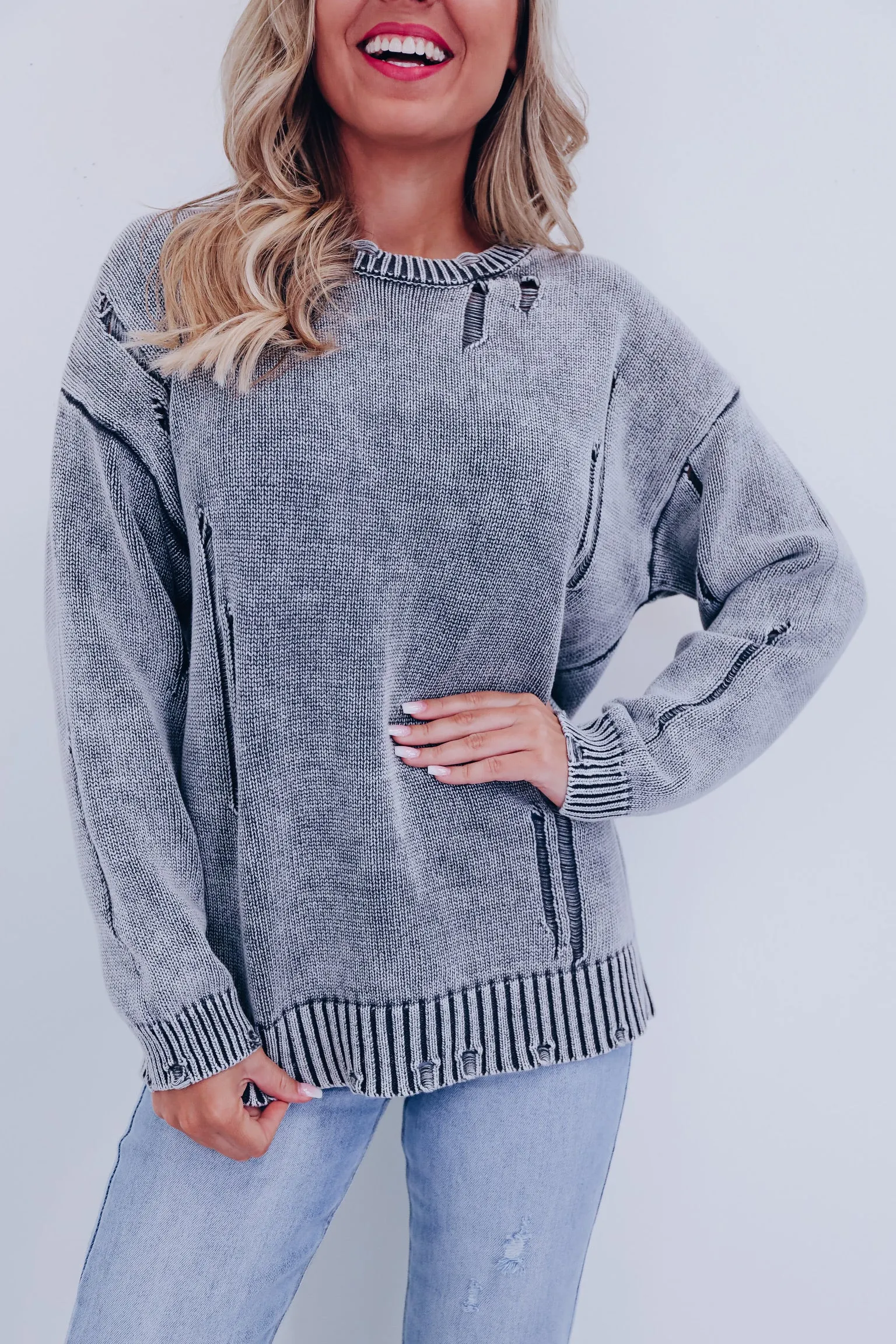 Edgy Vibes Distressed Sweater - Charcoal