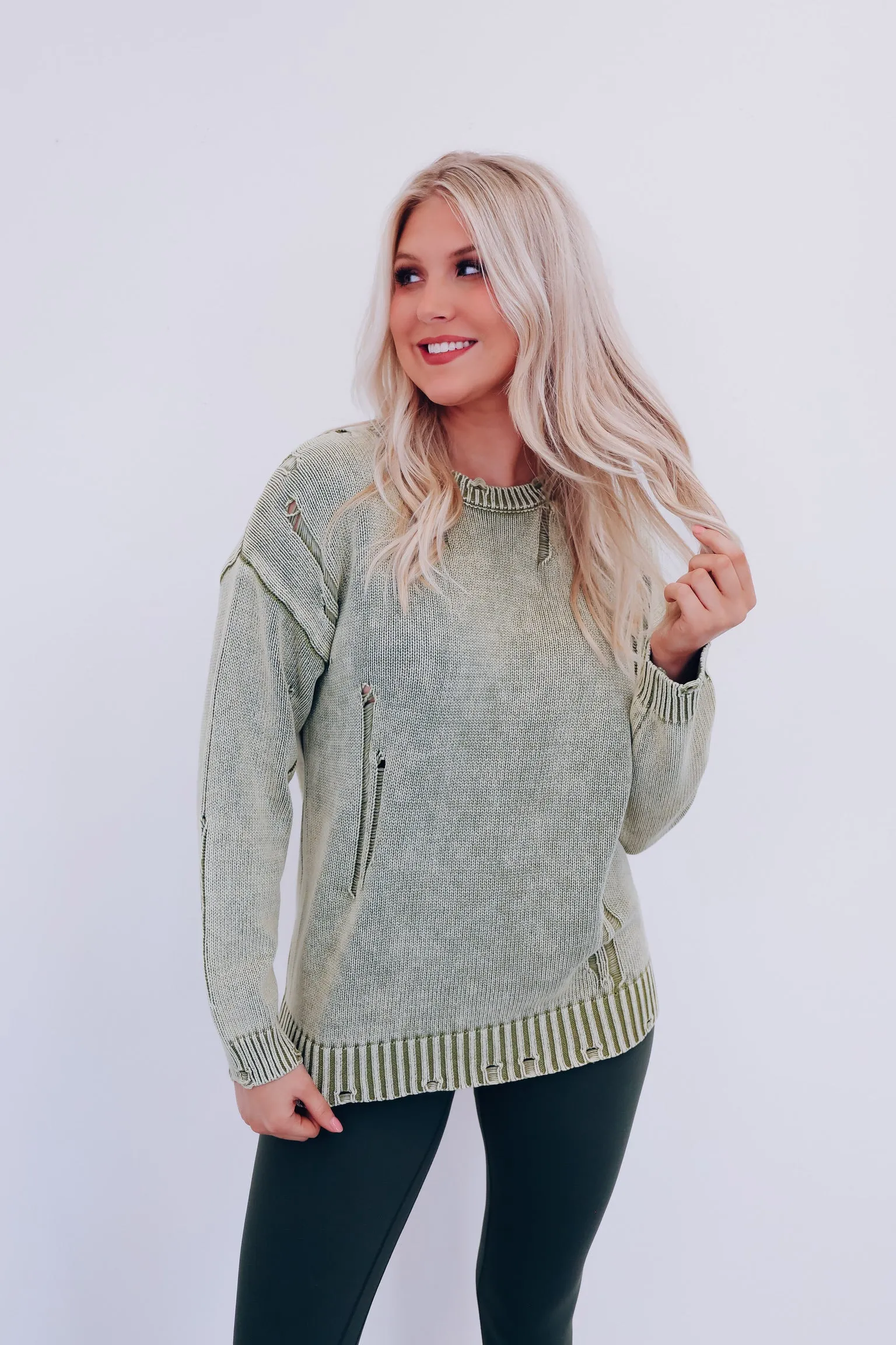 Edgy Vibes Distressed Sweater - Green