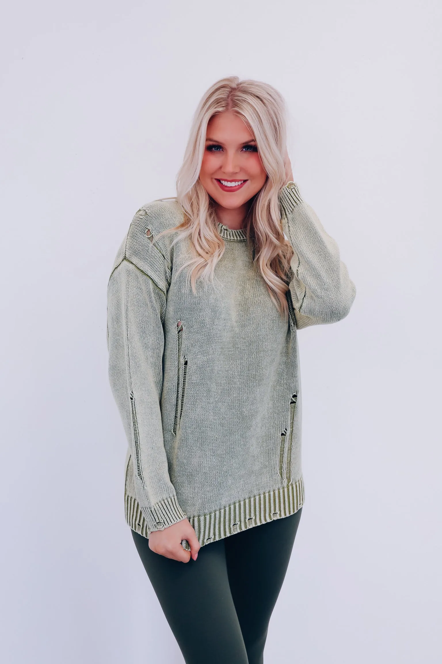 Edgy Vibes Distressed Sweater - Green