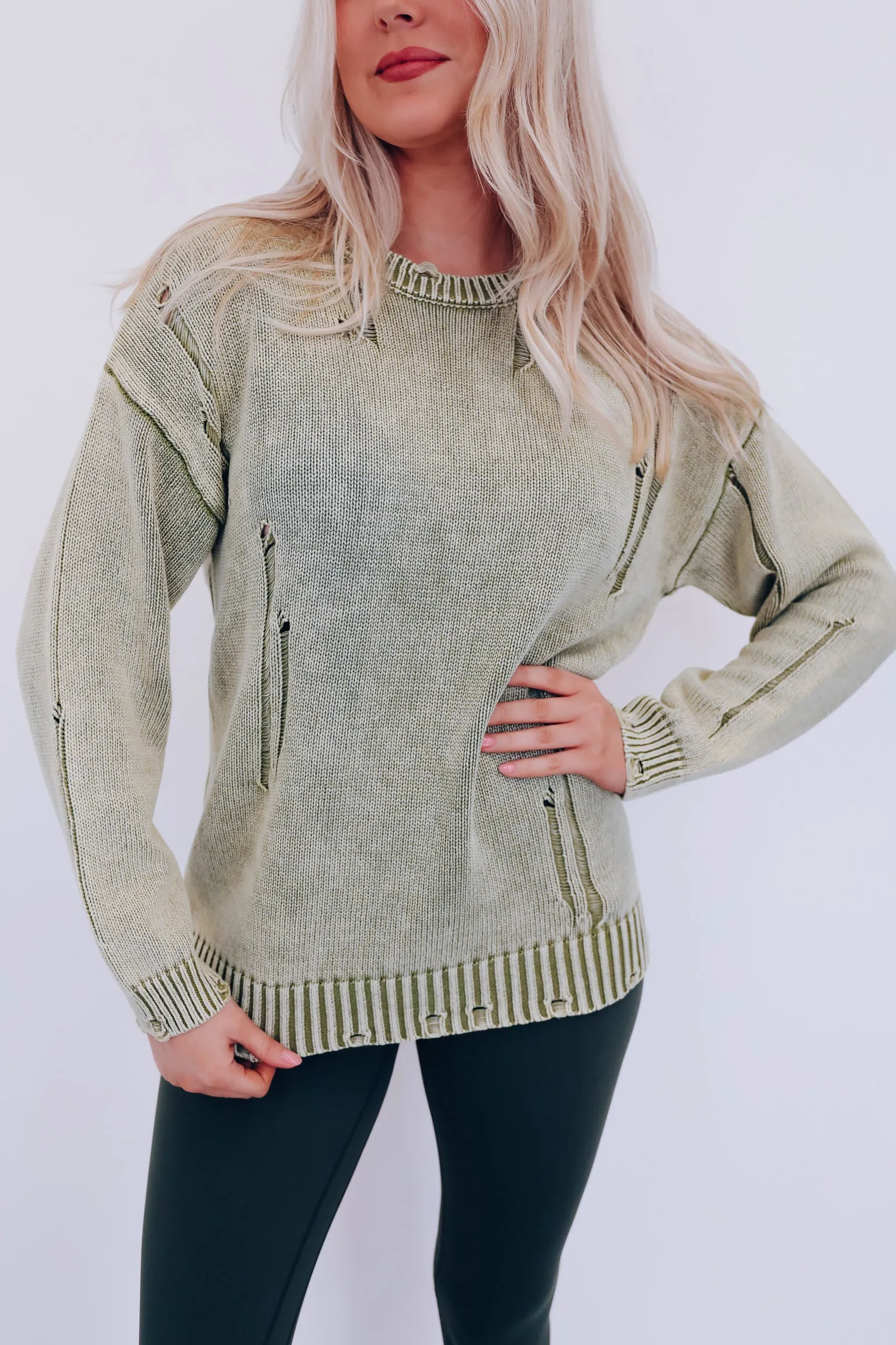 Edgy Vibes Distressed Sweater - Green