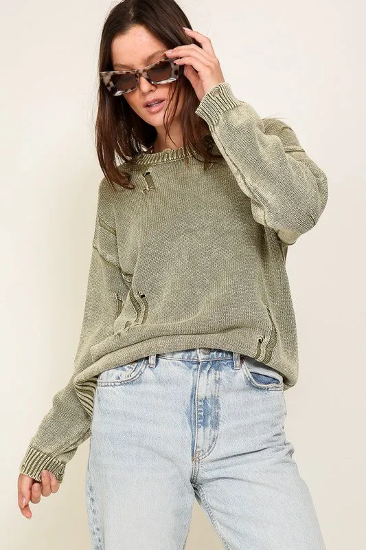 Edgy Vibes Distressed Sweater - Green