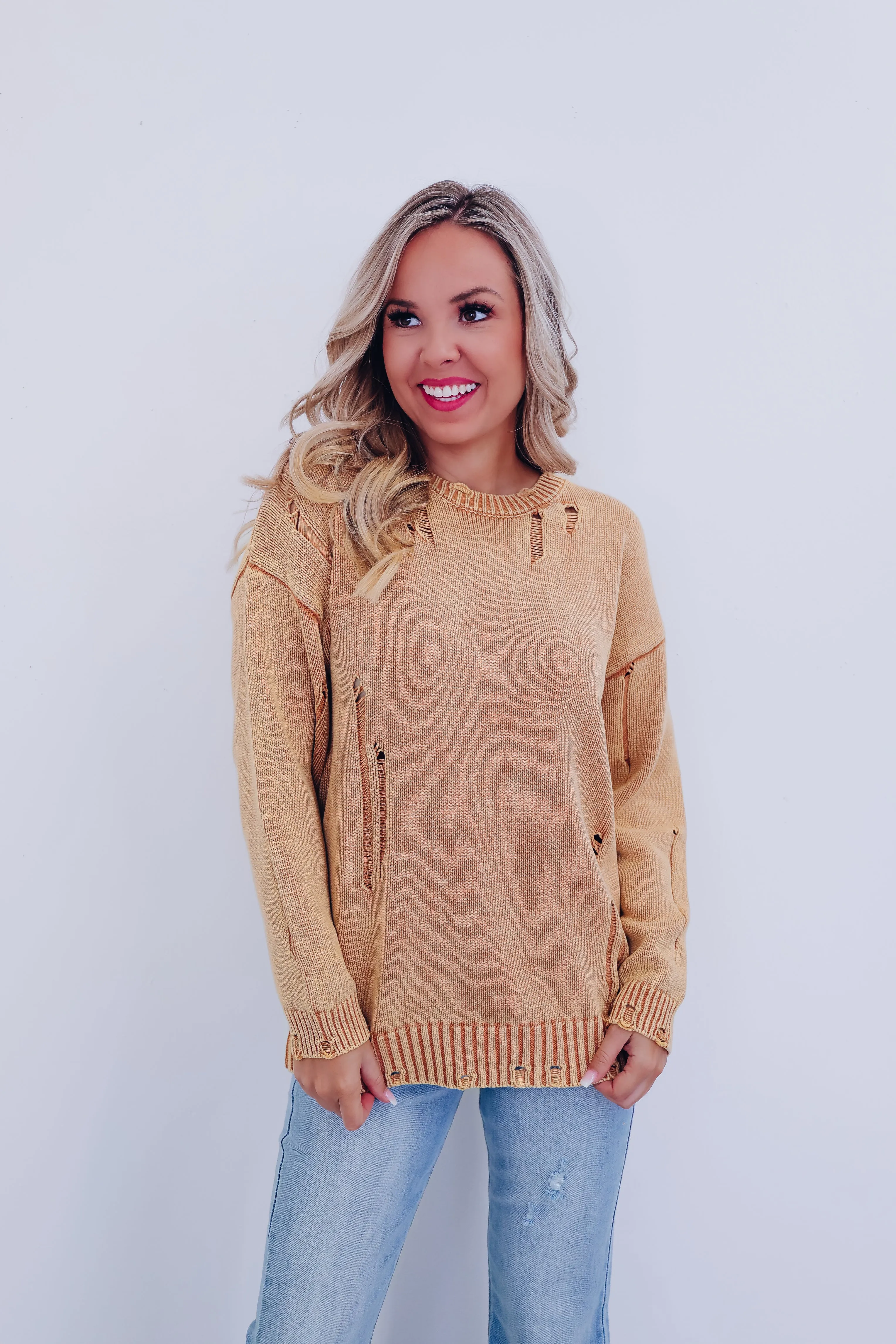 Edgy Vibes Distressed Sweater - Mustard