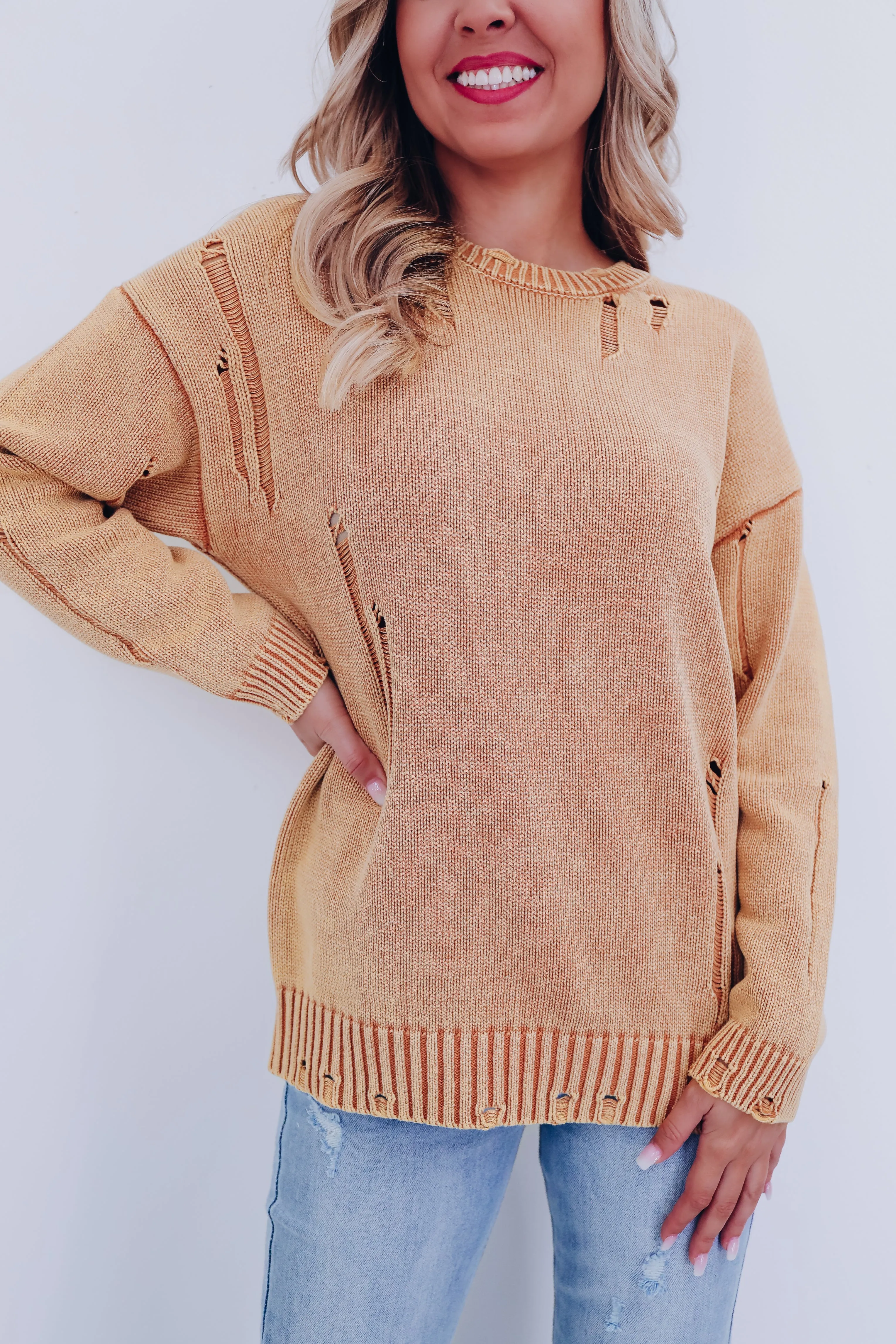 Edgy Vibes Distressed Sweater - Mustard