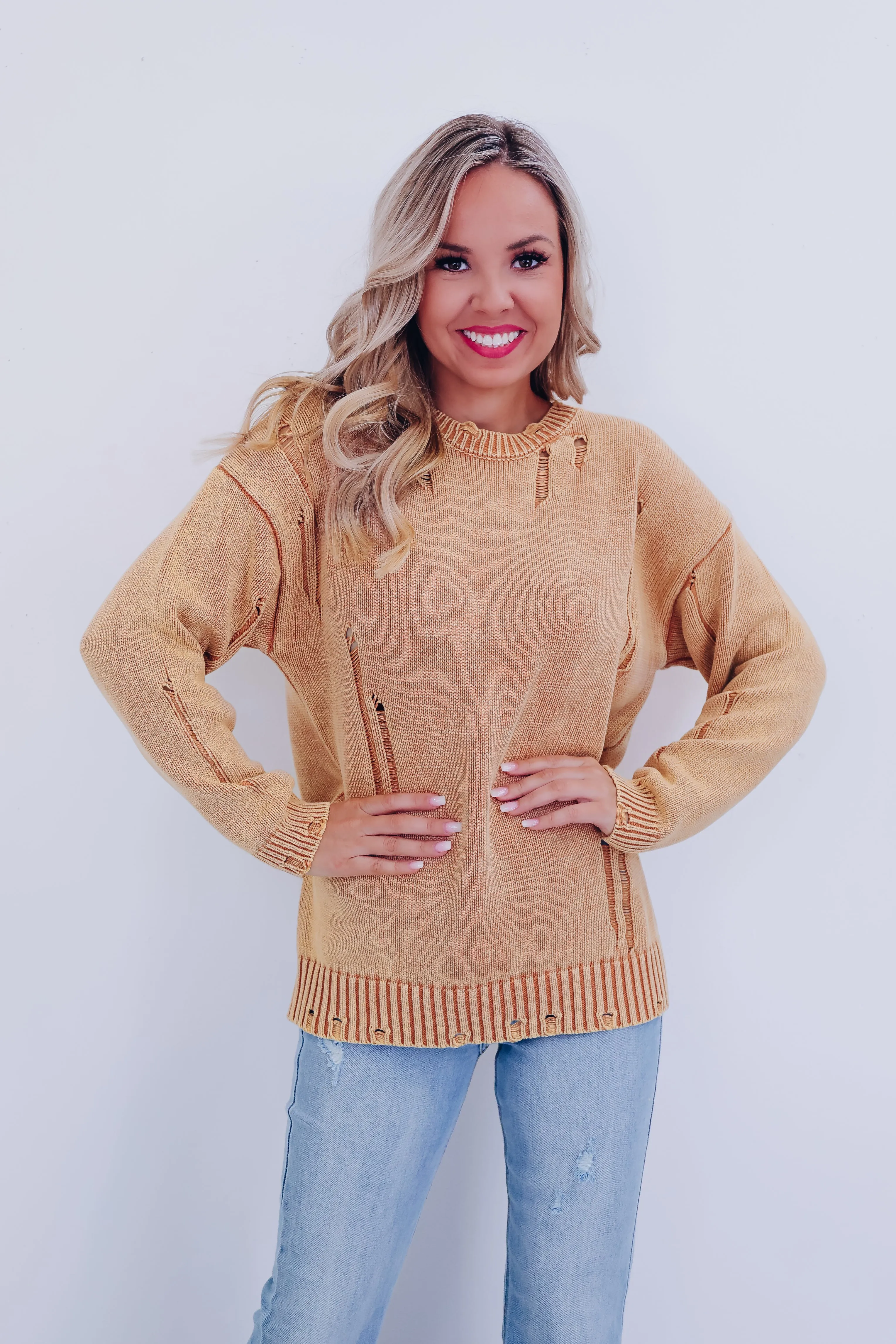 Edgy Vibes Distressed Sweater - Mustard