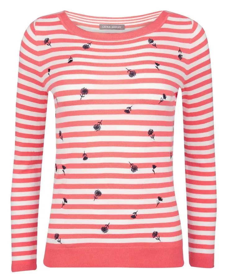 Embroidered Coral Floral Stripe Sweater