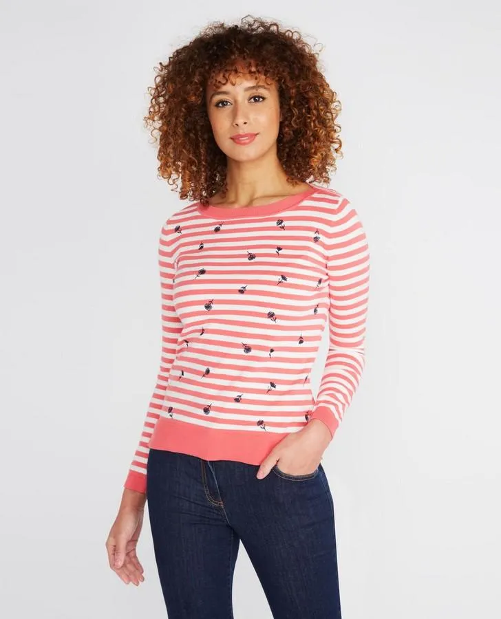 Embroidered Coral Floral Stripe Sweater