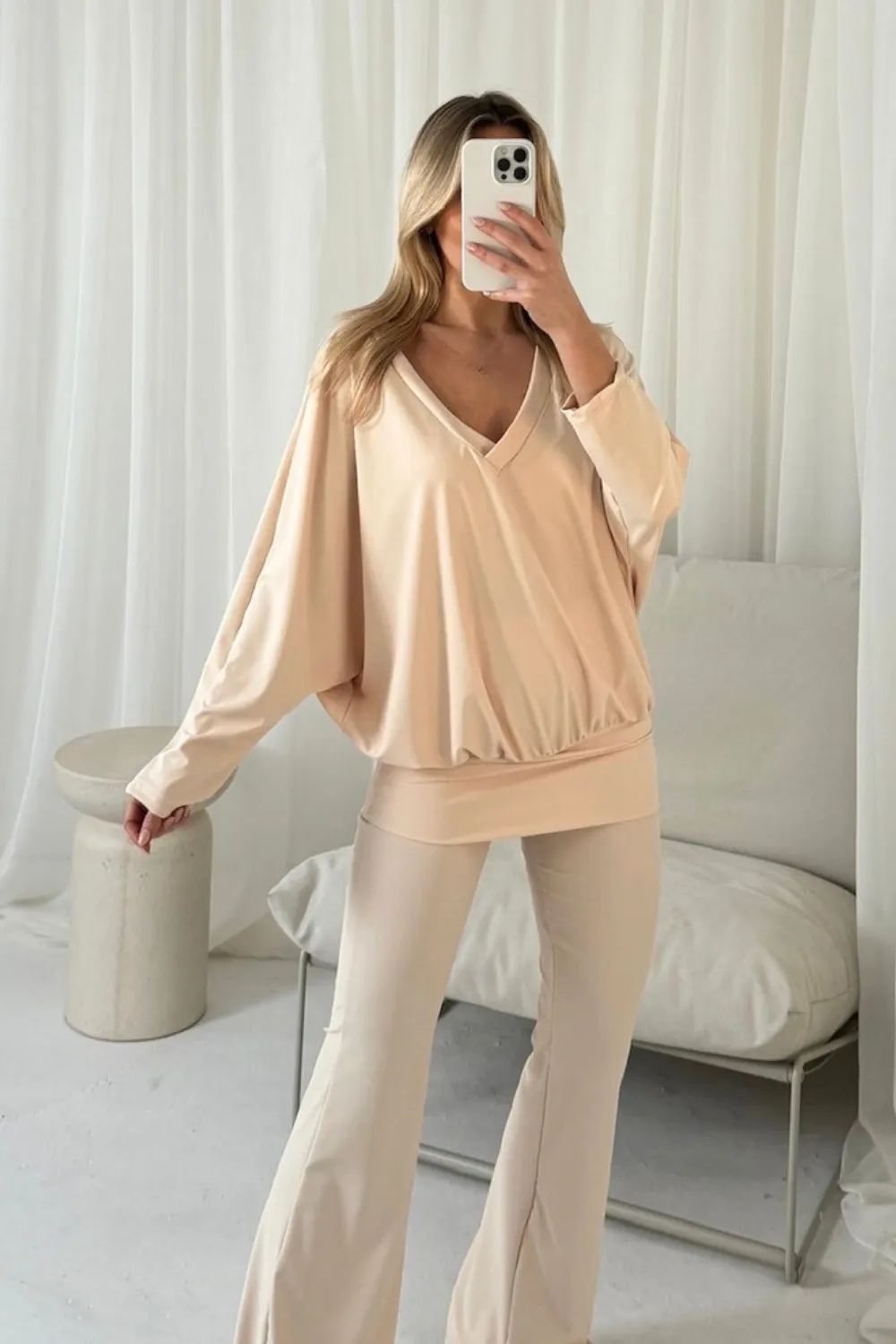 Evelyn cream v-neck bat sleeve loungewear set