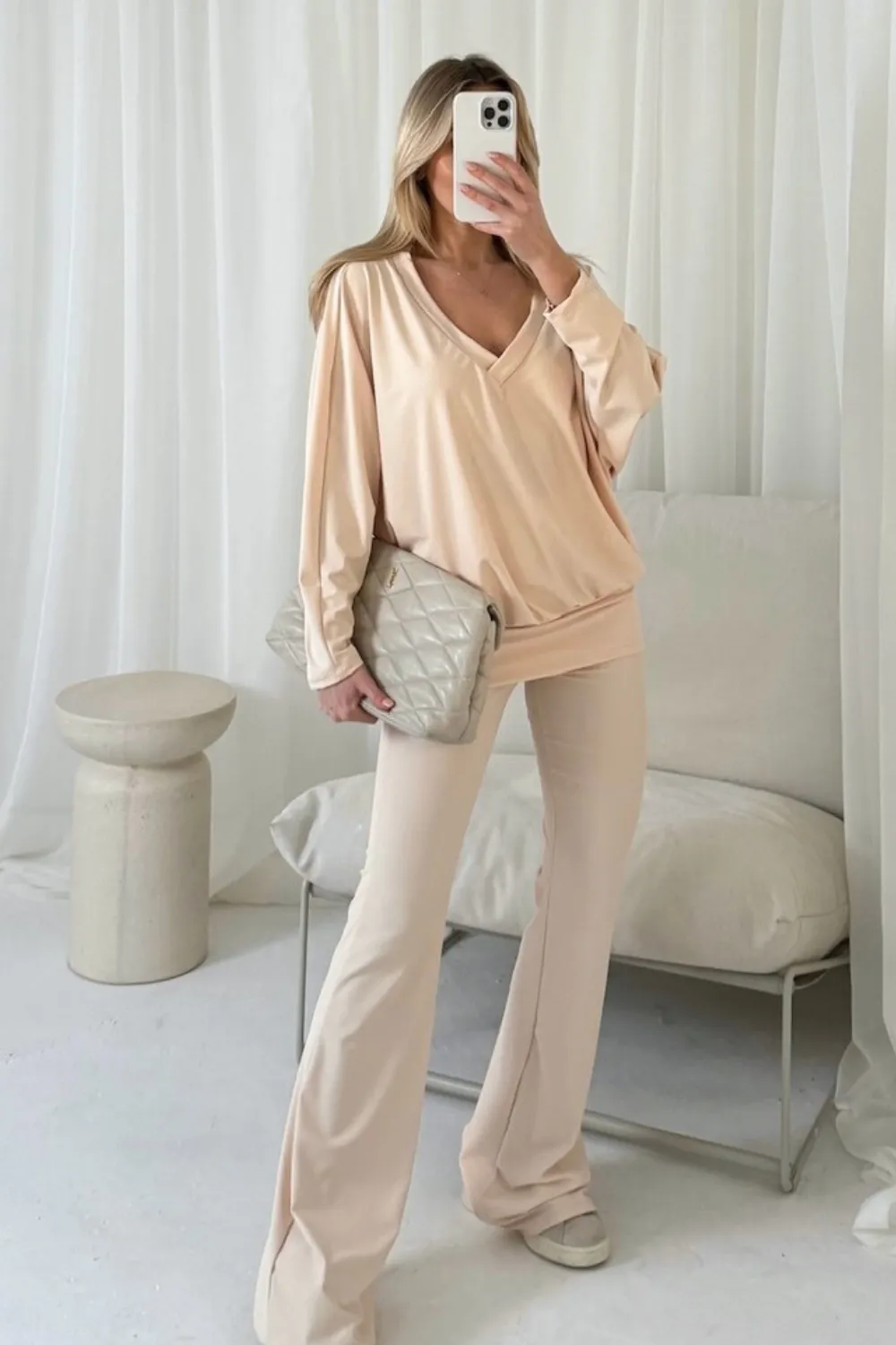 Evelyn cream v-neck bat sleeve loungewear set