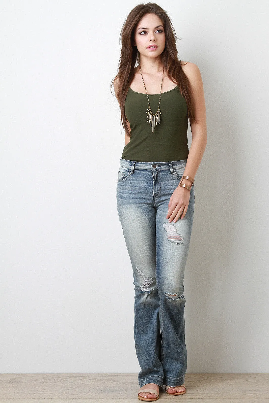 Faded Distressed Flared Jeans