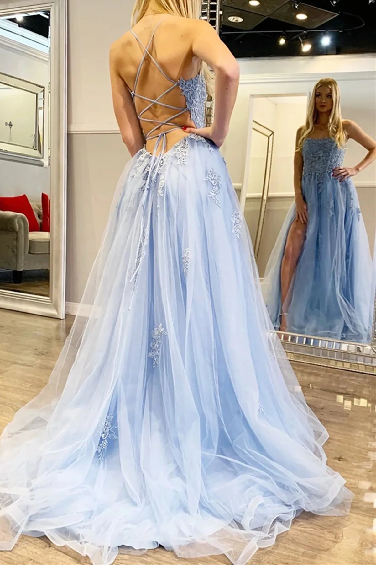 Fashion Criss-Cross Back Light Blue Lace Long Prom Dresses with High Slit, Backless Light Blue Lace Floral Formal Evening Dresses