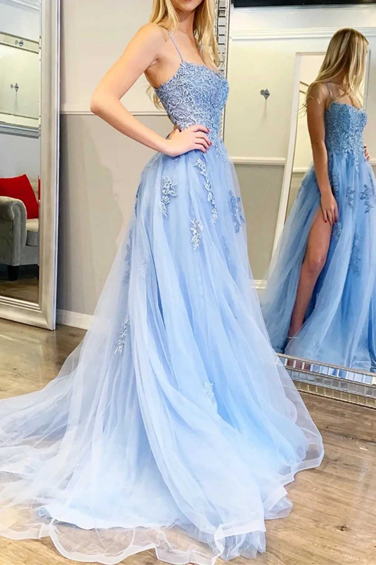 Fashion Criss-Cross Back Light Blue Lace Long Prom Dresses with High Slit, Backless Light Blue Lace Floral Formal Evening Dresses