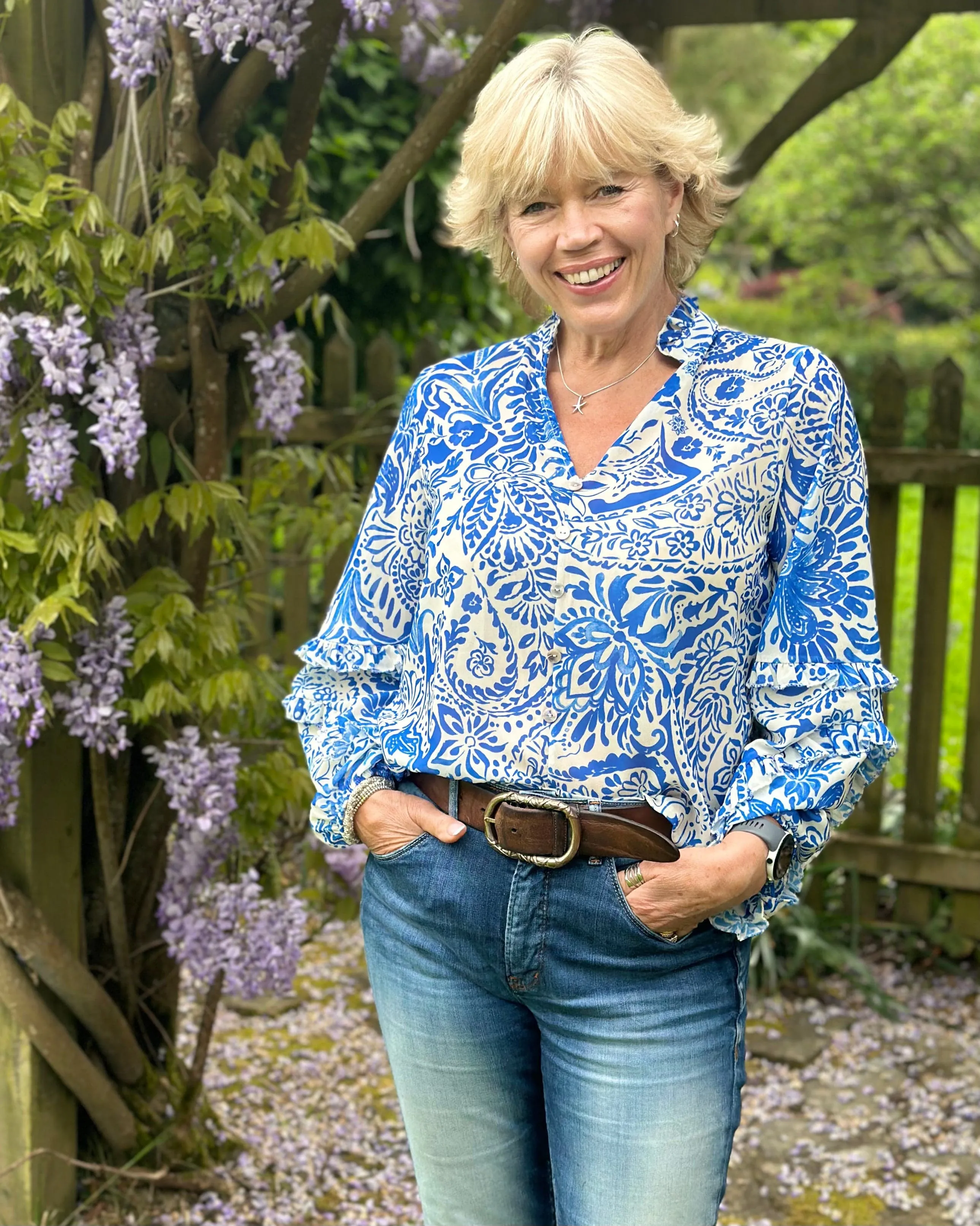 Flower Print Spanish Sleeve Blouse - Royal Blue