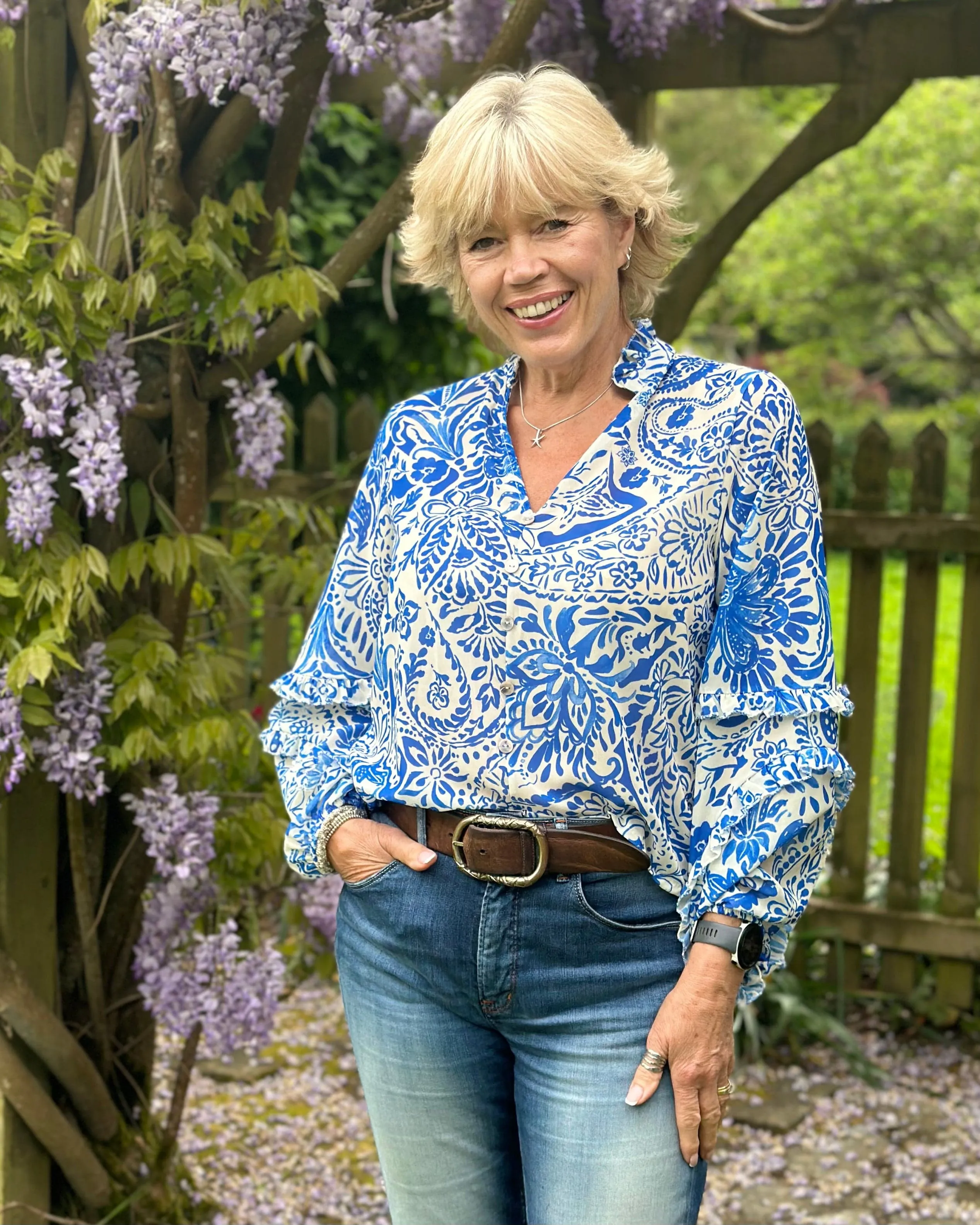 Flower Print Spanish Sleeve Blouse - Royal Blue