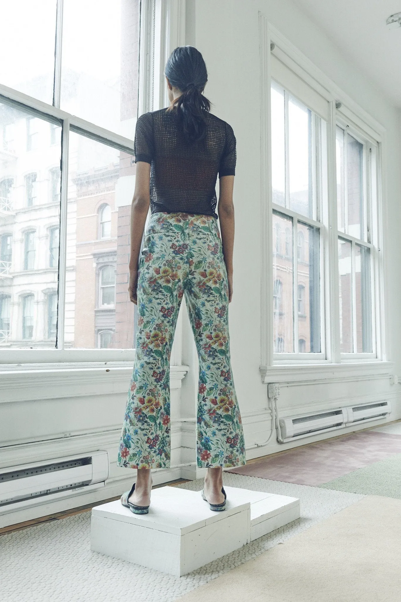 FLOWER TILE LEATHER FLARE PANTS