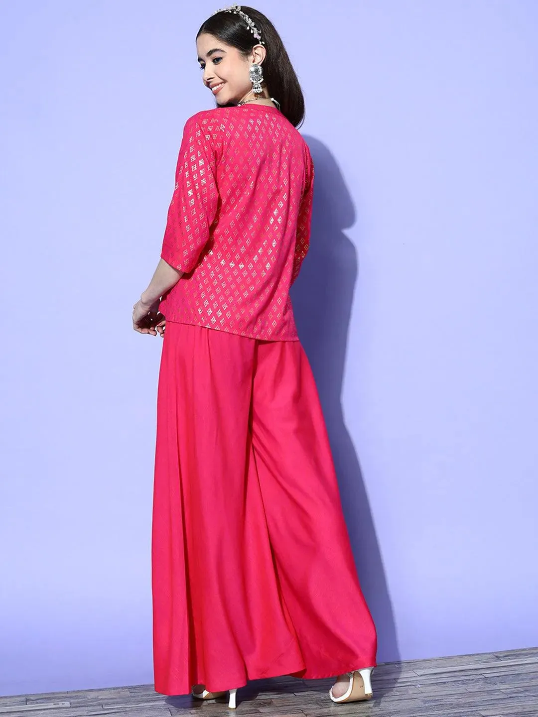 Fuchsia Self Design Silk Blend Top With Palazzos & Jacket