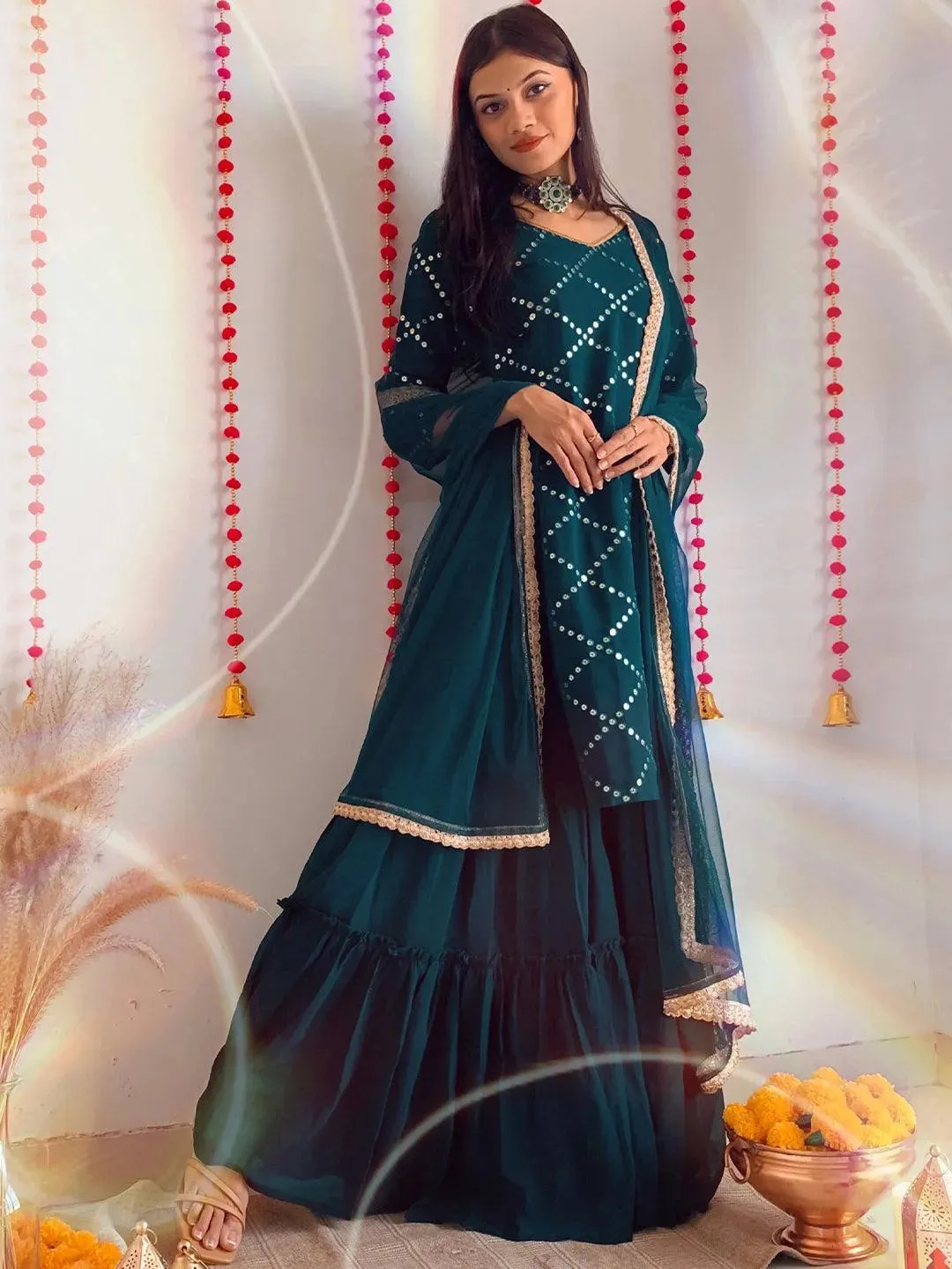 Green Embroidered Georgette Straight Sharara Suit Set With Dupatta