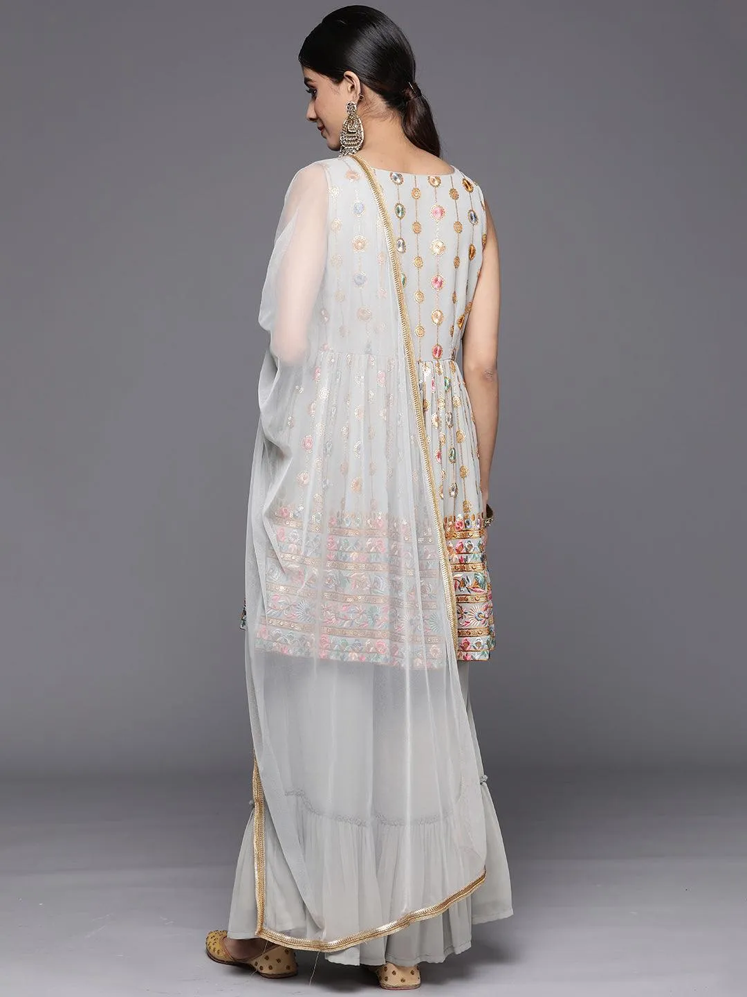 Grey Embroidered Georgette A-Line Sharara Suit Set With Dupatta