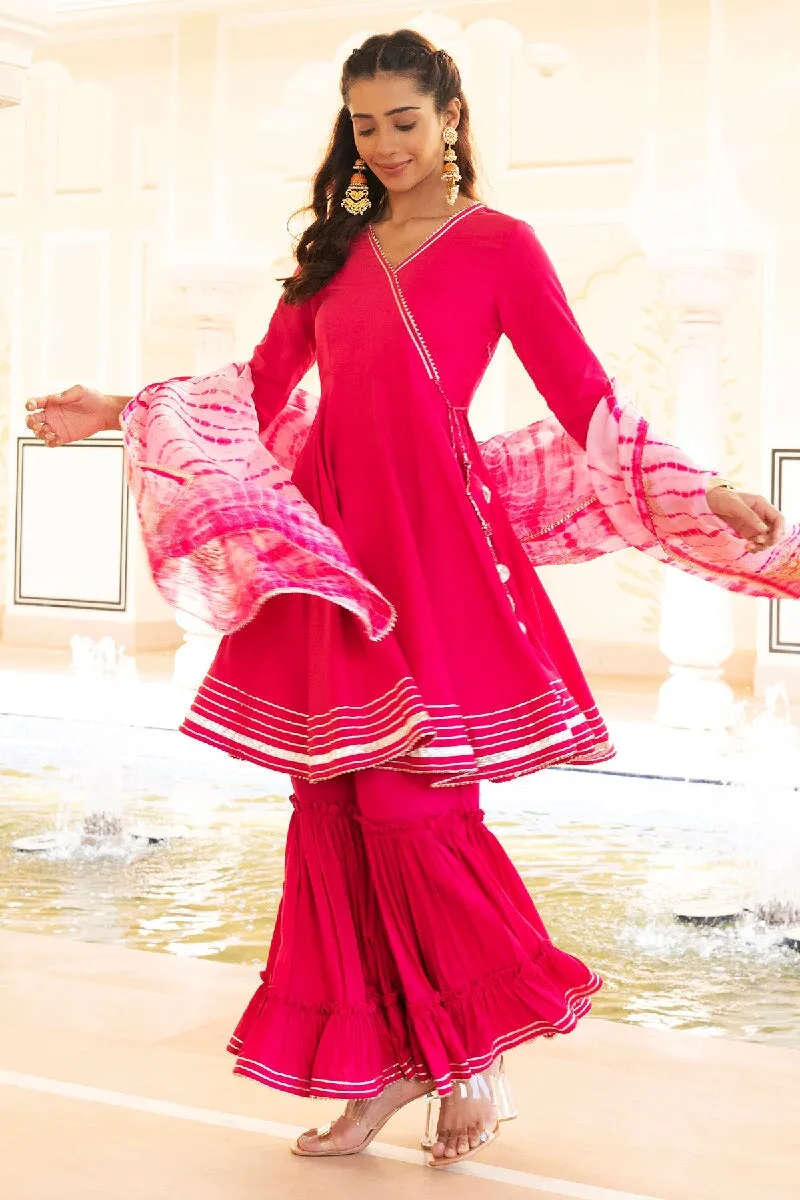 Gulabo Pink Angrakha Kurta With Sharara & Dupatta