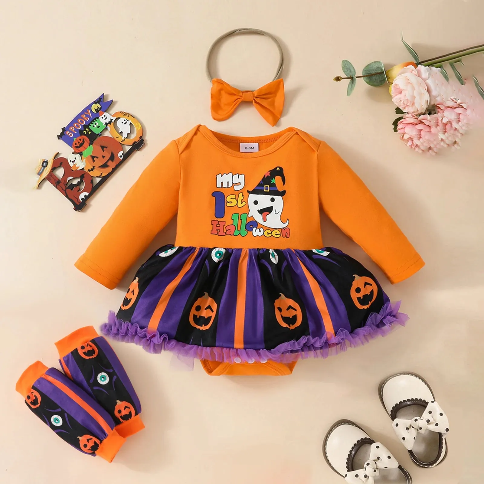 Halloween Newborn Infant Toddler Baby Girl Romper Letter Pumpkin Ghost Print Tulle Jumpsuit Headband Leg Warmers 0-18M