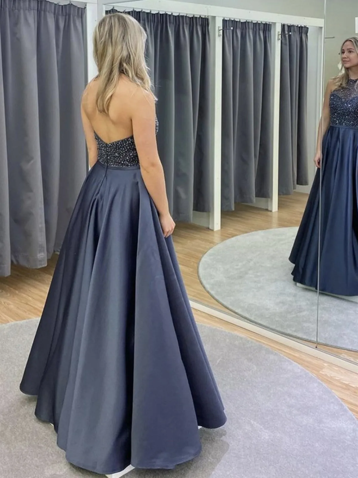 Halter Neck Backless Gray Beaded Long Prom, Backless Beaded Gray Formal Evening