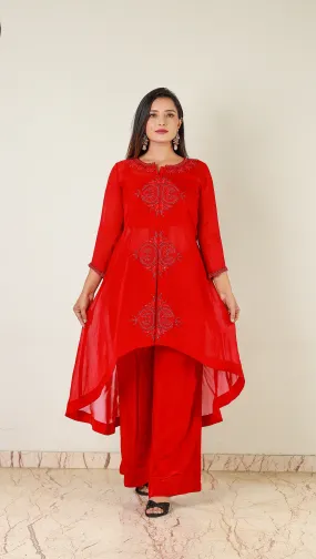 Hand Embroidered Flared Red Georgette Organza Dress