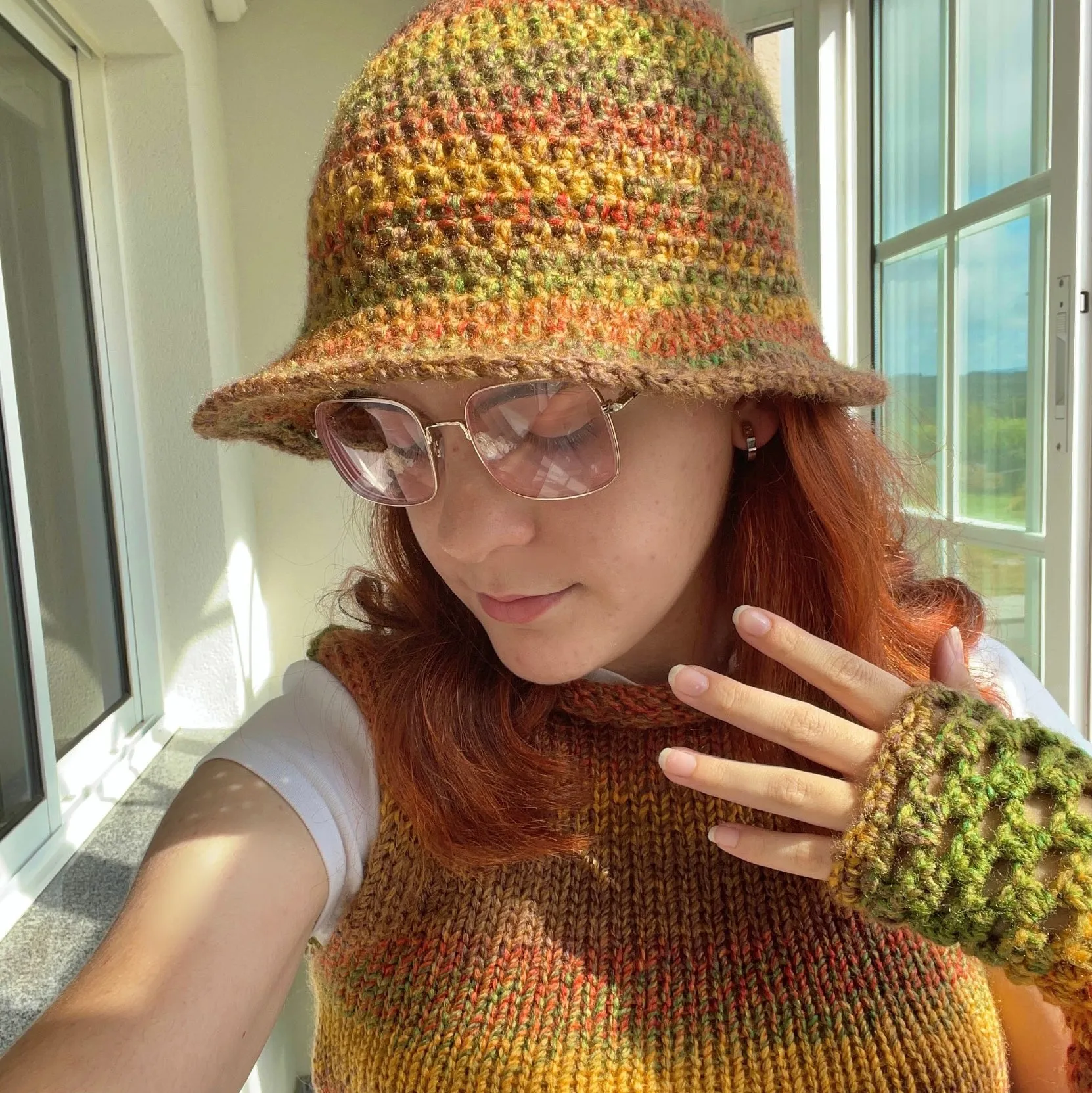 Handmade crochet bucket hat in earth tones colourway