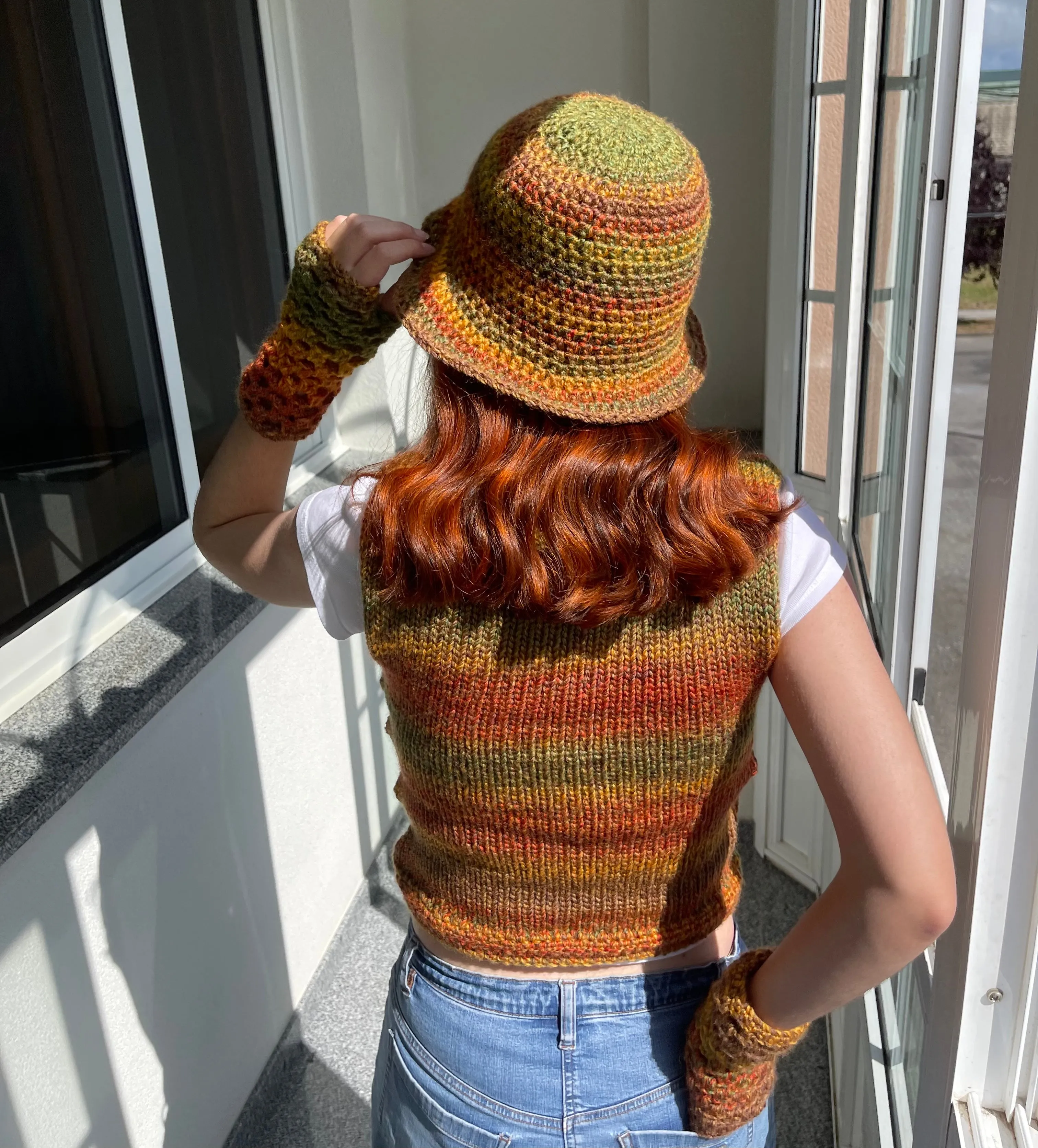 Handmade crochet bucket hat in earth tones colourway