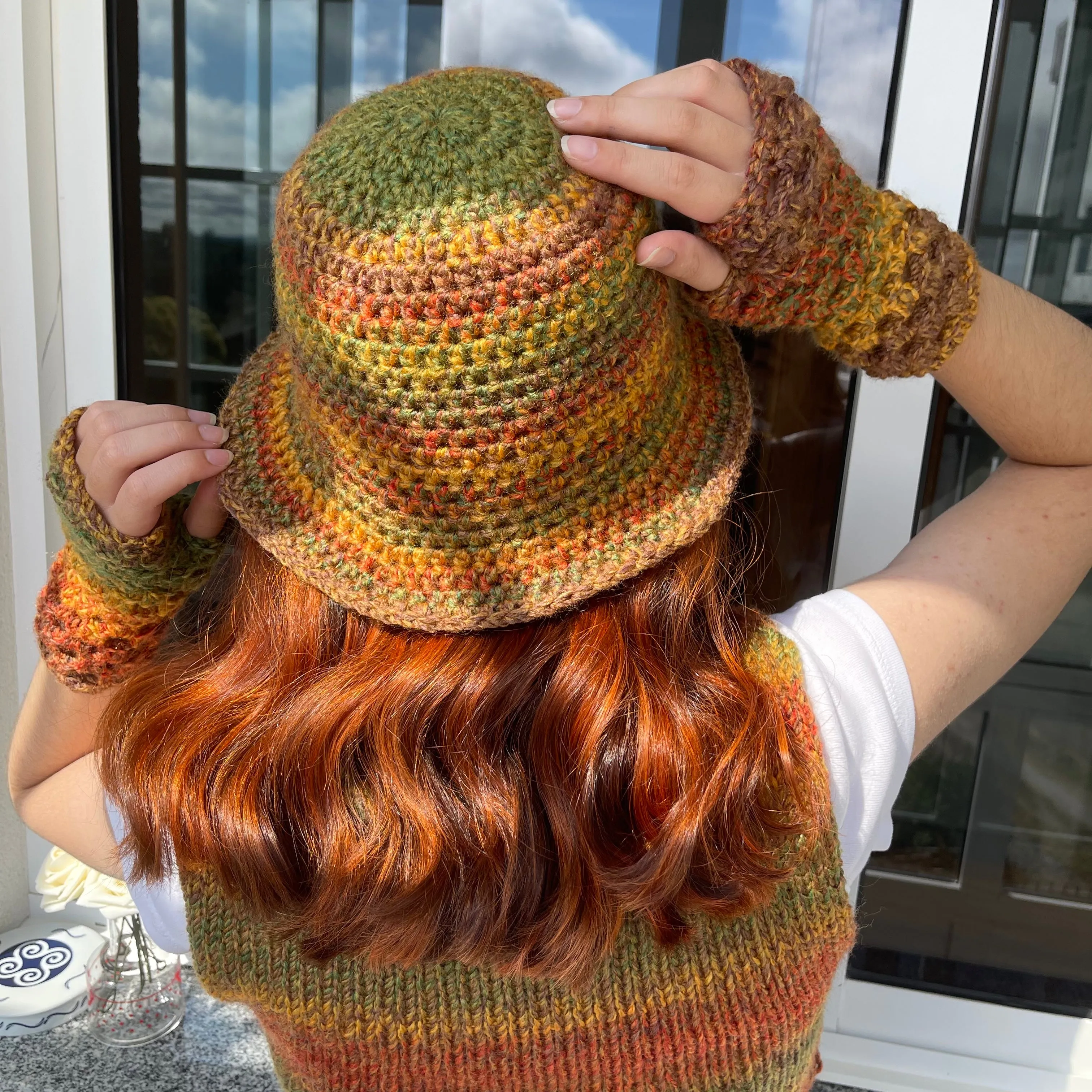 Handmade crochet bucket hat in earth tones colourway