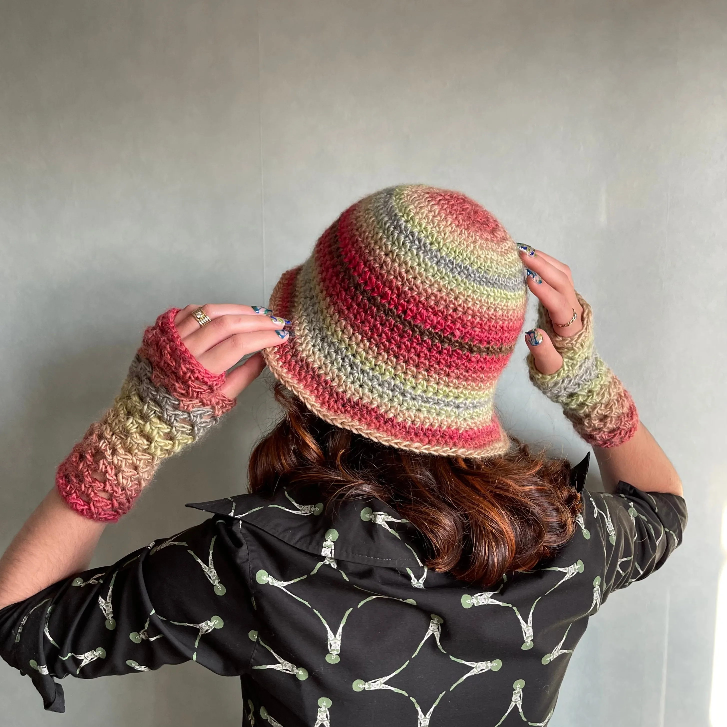 Handmade crochet bucket hat in Fireburst colourway