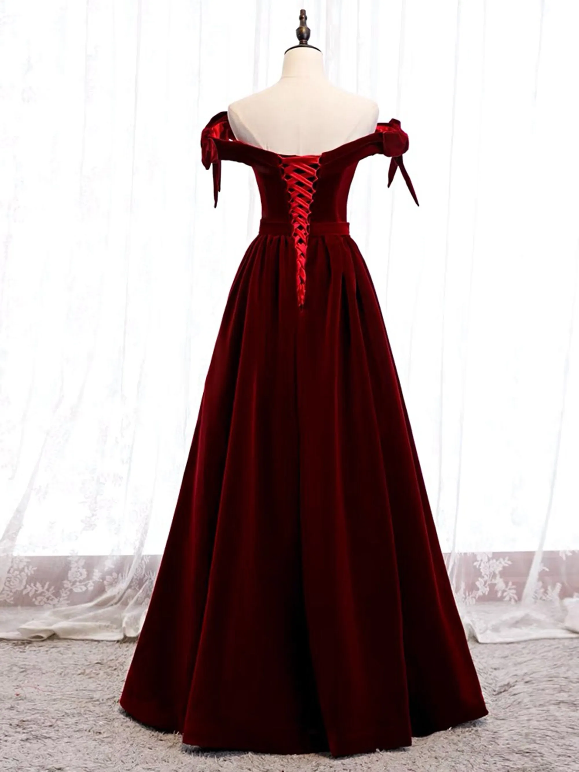 Handmade Off-the-shoulder Ball gown Velvet Dress with bows