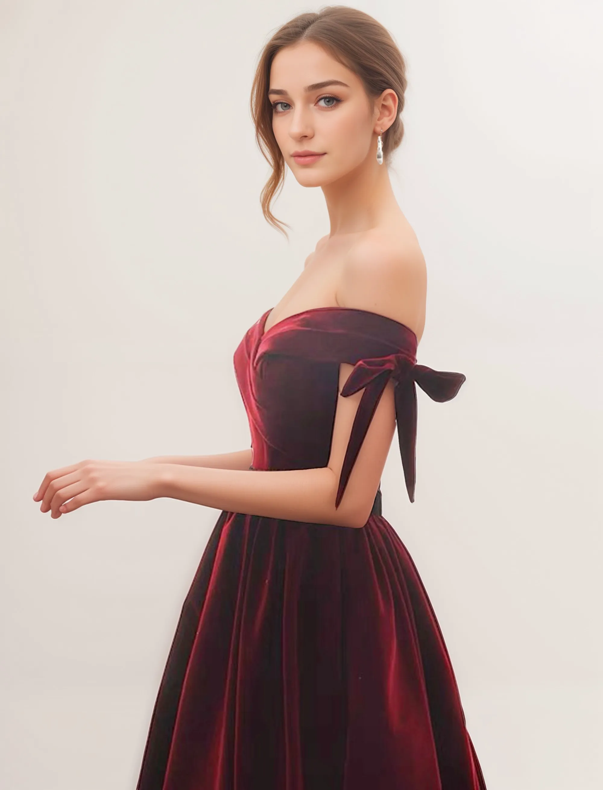 Handmade Off-the-shoulder Ball gown Velvet Dress with bows