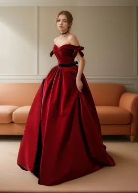 Handmade Off-the-shoulder Ball gown Velvet Dress with bows