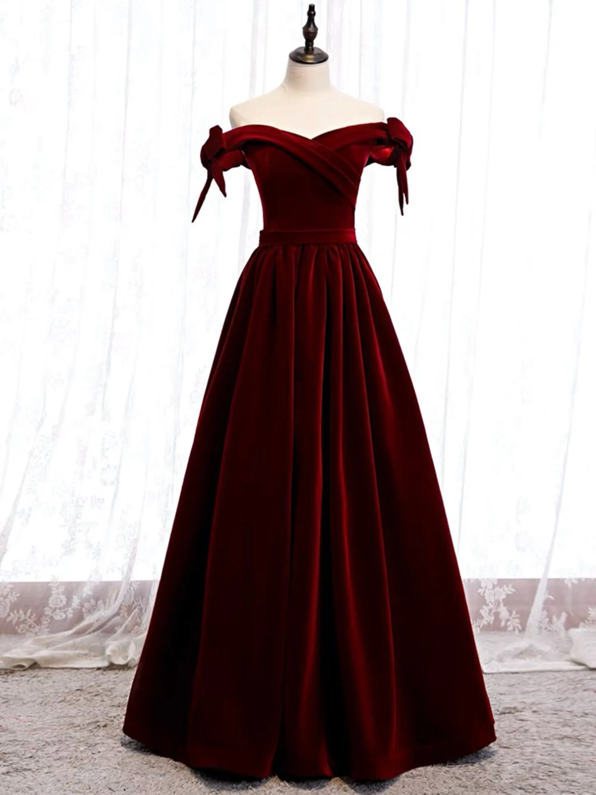 Handmade Off-the-shoulder Ball gown Velvet Dress with bows