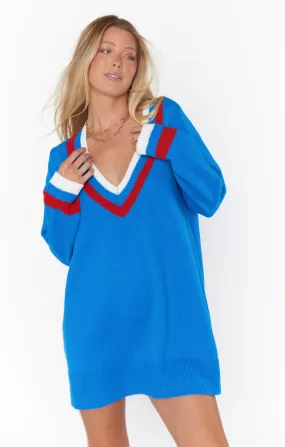 Hartford Sweater Dress ~ Blue Varsity Stripe Knit