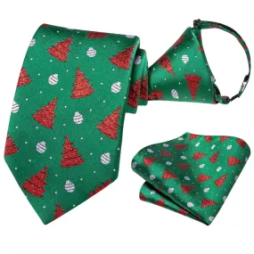 Hi-Tie Christmas Green Red Tree Kids Pre-Tied Adjustable Tie Pocket Square Set