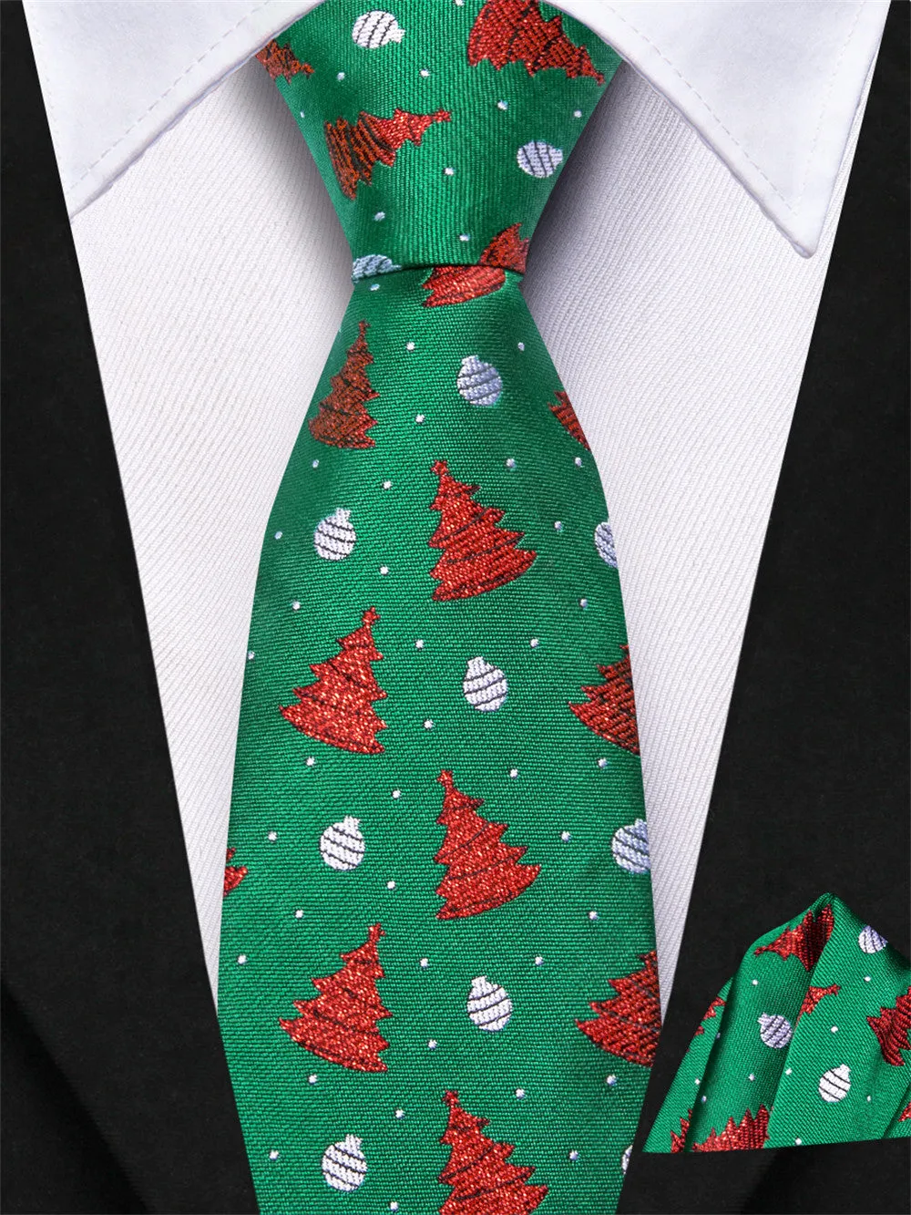 Hi-Tie Christmas Green Red Tree Kids Pre-Tied Adjustable Tie Pocket Square Set