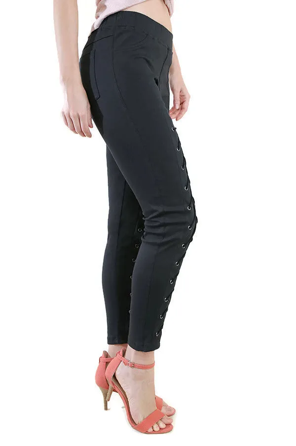 High Waist Leggings with Lace Up Details, Black