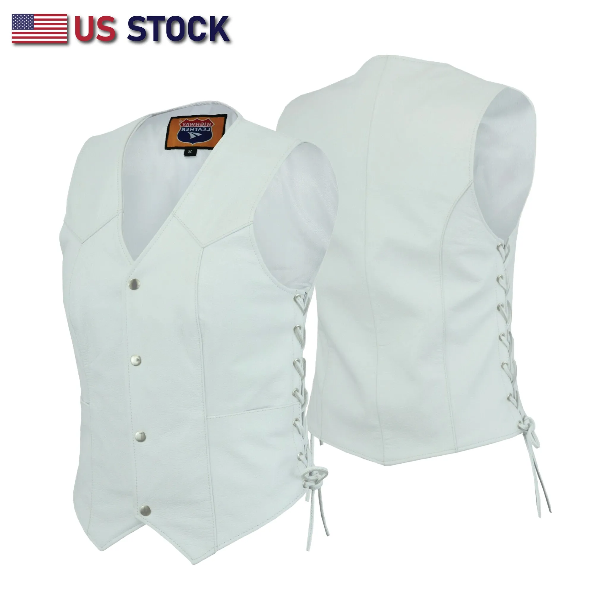 HL14501WHITE White Leather - Women motorcycle Vest Biker Club Concealed Carry