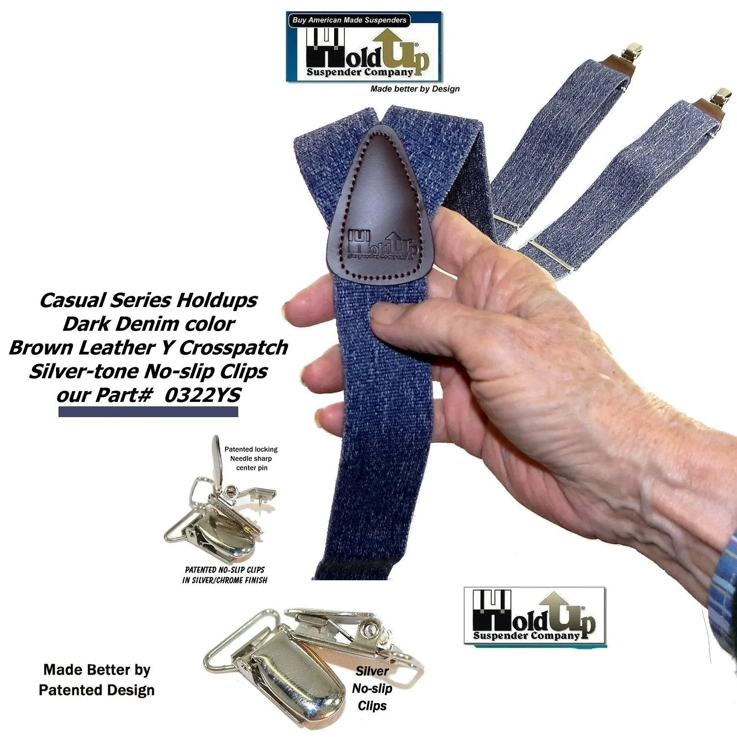 Holdup Brand Dark Denim Casual Series Suspenders are 1 1/2" wide with Y-back style and Patented No-slip Silver Clips