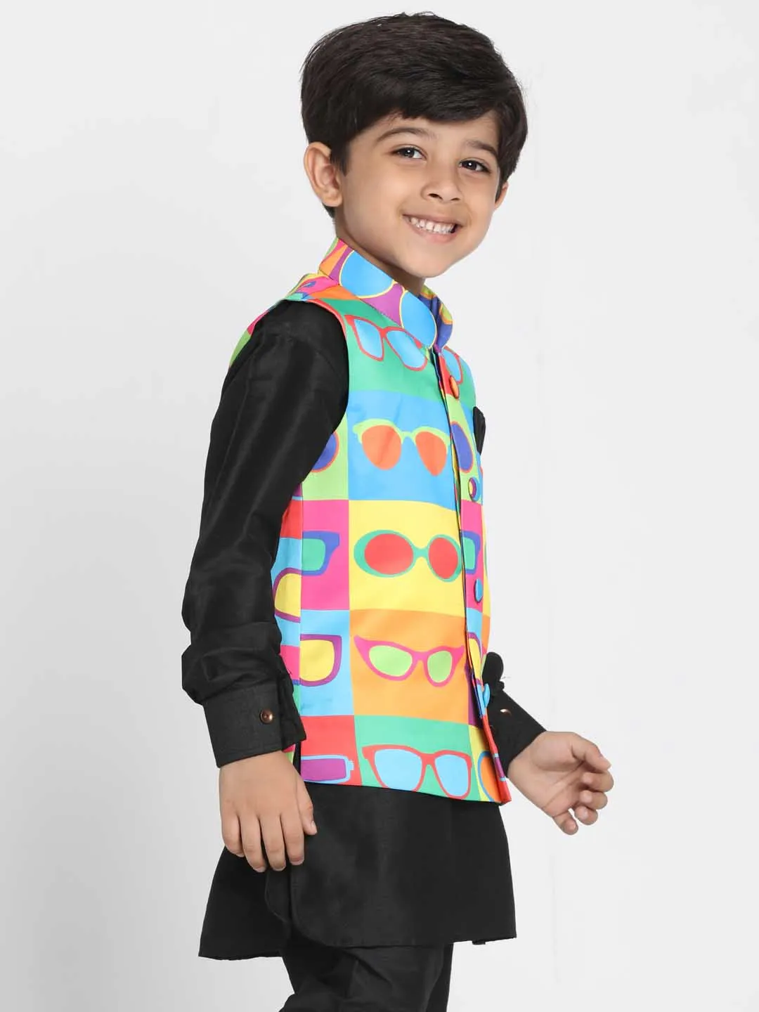 Jashvi Boys' Quirky Sunglass Print Nehru Jacket