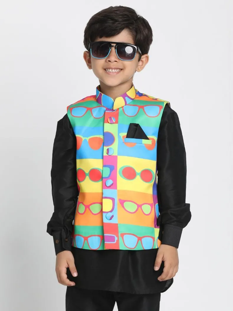 Jashvi Boys' Quirky Sunglass Print Nehru Jacket