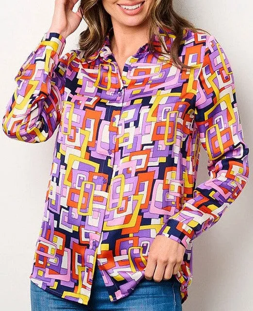 Kim Button Front Top-Purple Block