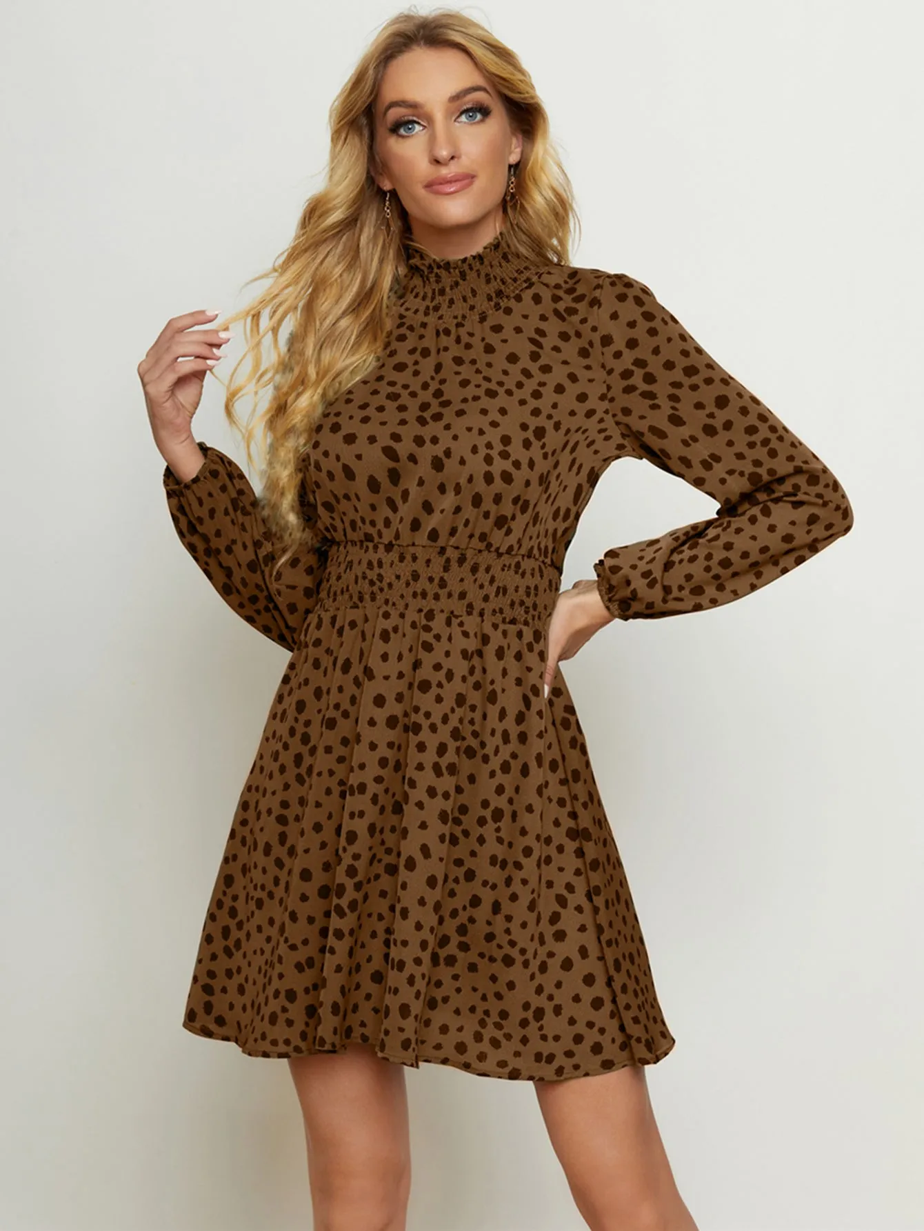 KittenAlarm - High Neck Elastic Waist Dot Print Long Sleeve Dress