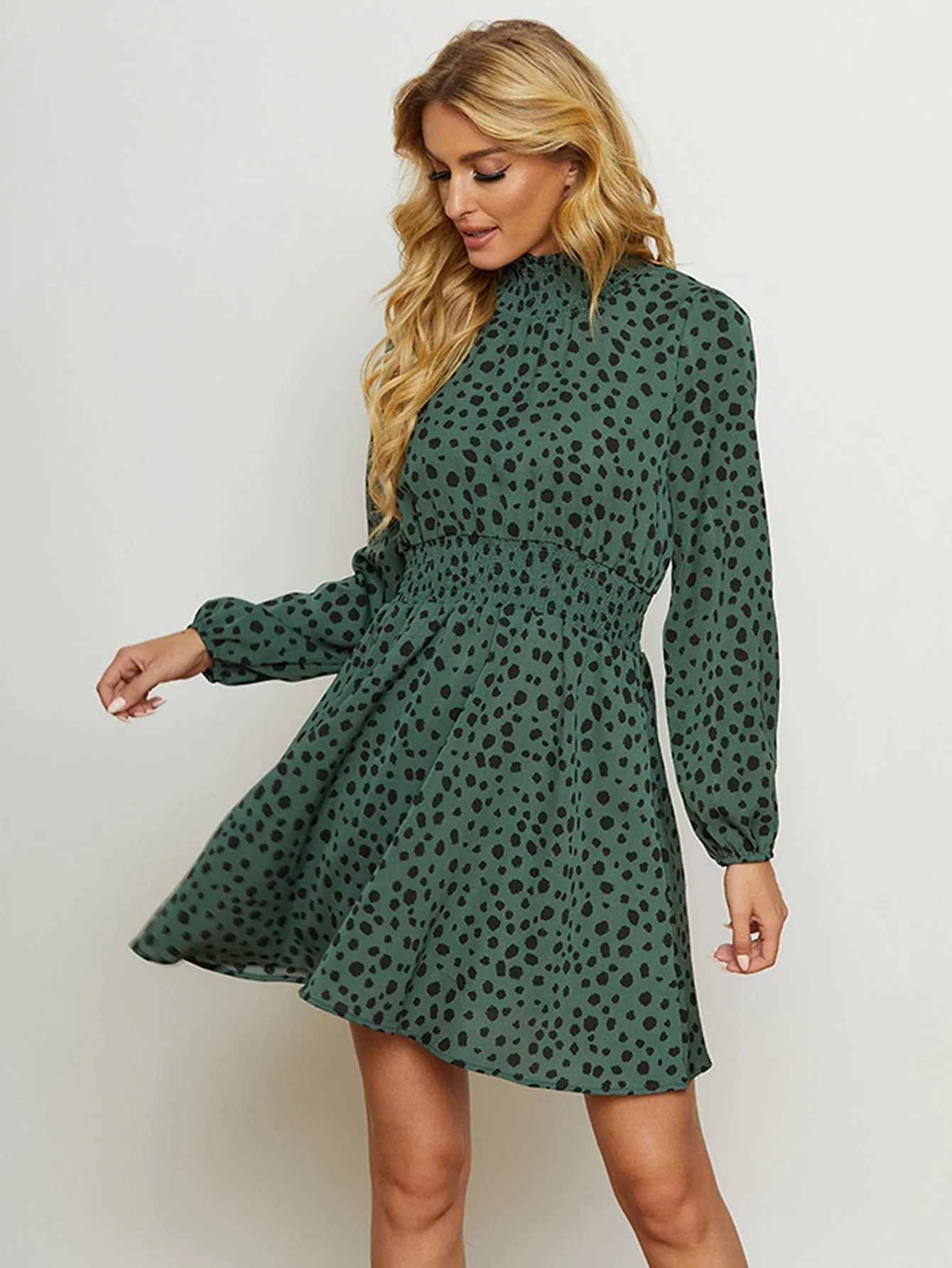 KittenAlarm - High Neck Elastic Waist Dot Print Long Sleeve Dress