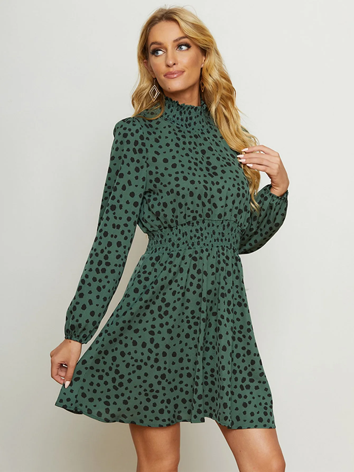 KittenAlarm - High Neck Elastic Waist Dot Print Long Sleeve Dress