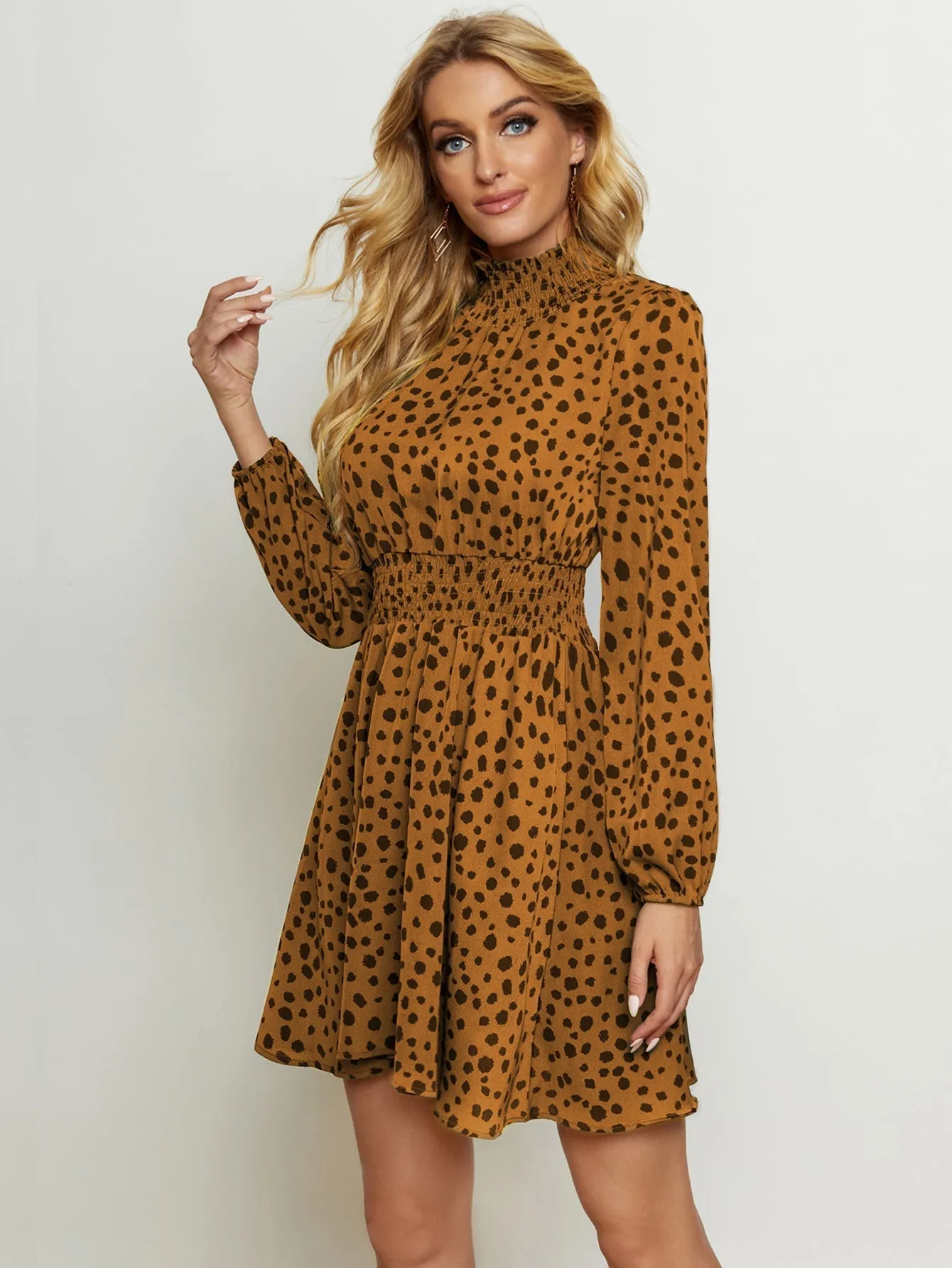 KittenAlarm - High Neck Elastic Waist Dot Print Long Sleeve Dress